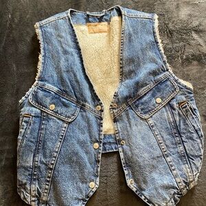 We The Free Blue Denim Vest with White Sherpa Lining